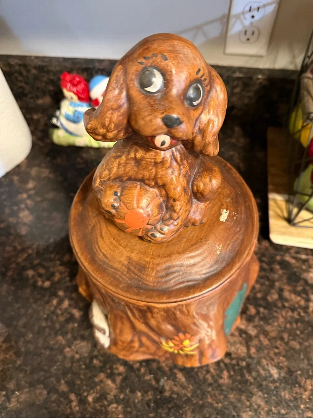 Vintage brown stump with dog Rare cookie jar
